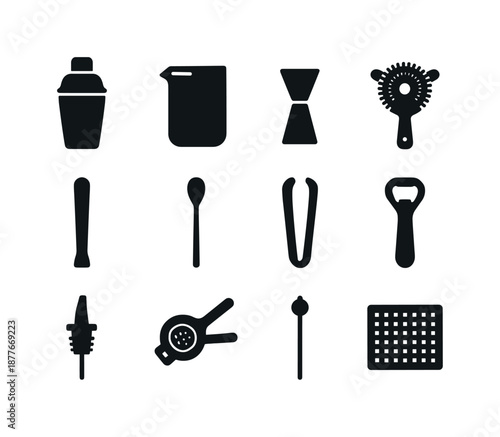 Bar Essentials Icons. Bar essentials. Solid icon set of bar essentials: cocktail shaker, mixing glass, jigger, strainer, muddler, bar spoon, ice tongs, bottle