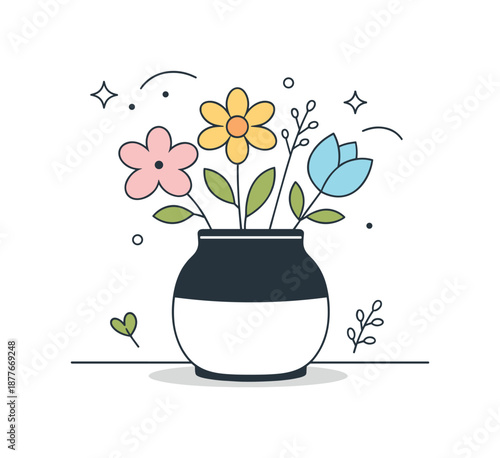 Minimalist Floral Harmony. Floral still life. Vase with simplified flowers placed on a flat surface. Calm interior-inspired scene with gentle balance and