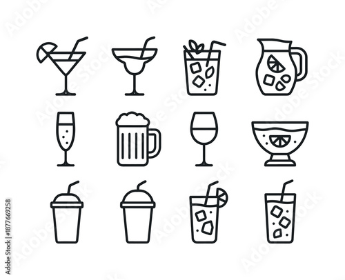 Party Drink Icons. Party drinks. Line icon set of party drinks: cocktail glass, margarita cup, mojito glass, sangria pitcher, champagne flute, beer mug, wine
