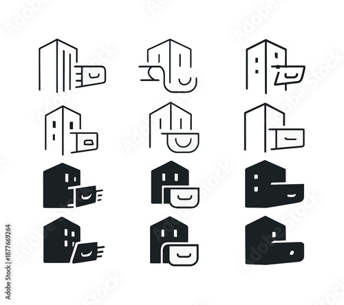 Drawer Opening Logos. building opening a jammed drawer. Icon set. Set Logo of building opening a jammed drawer: drawer handle with motion lines. harmonious