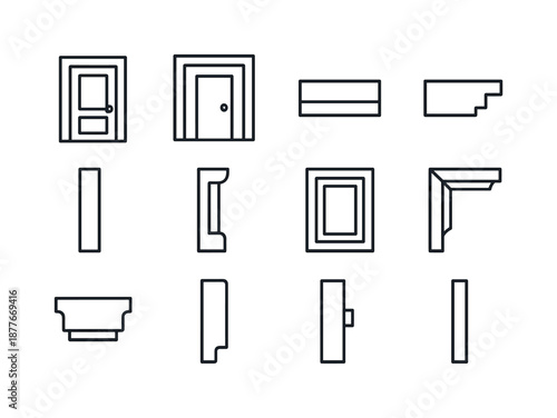 Wooden Door Icons. wooden door. Line icon set of wooden door: door frame outline, wall interface, lintel icon, threshold icon, jamb outline, trim detail,