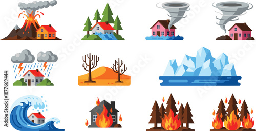 Natural disaster cartoon icons vector set with volcano tornado flood wildfire tsunami drought and climate hazards