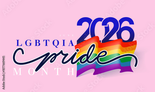 LGBT Pride Month 2026. Freedom rainbow flag with hearts. Gay parade vector annual summer event. Happy pride month horizontal banner with pride striped ribbon flag isolated on pink background.