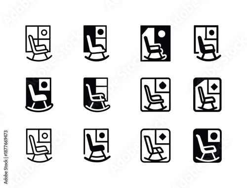 Rocking Chair Logos. Rocking chair by the window. Icon set. Set Logo of rocking chair by the window: sunlit rocker composition. harmonious logo variations of