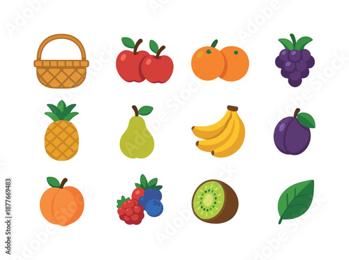 Colorful Fruit Basket Icons. Fruit Basket. Colorful flat vector icons set of Fruit Basket: woven fruit basket, apples, oranges, grapes cluster, pineapple,