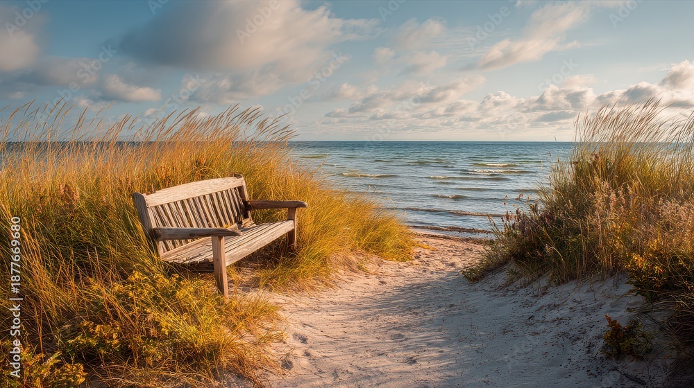 Fototapeta premium Bench sits on sandy path next to water surrounded by grass with clouds in the sky during daylight hours