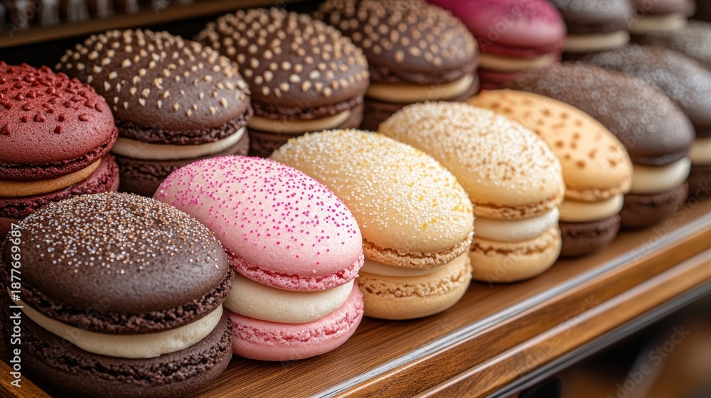 Fototapeta premium Colorful macarons in rows on a display