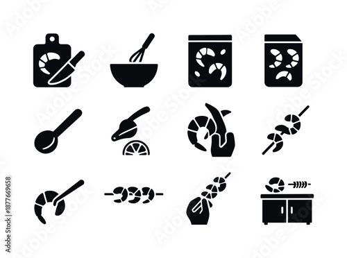Shrimp Skewer Icons. Shrimp skewer preparation. Solid icon set of shrimp skewer preparation: cutting board, knife, mixing bowl, whisk, marinade bag, measuring