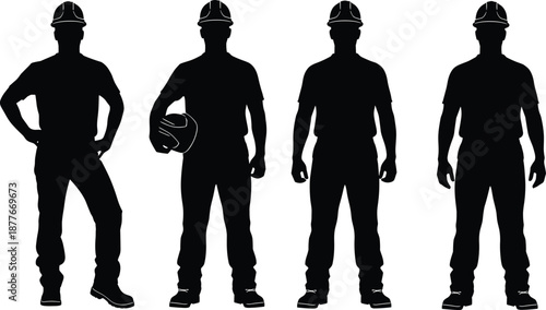 Set of Four Silhouette Construction Workers Standing in Different Poses Wearing Safety Helmets for Industrial Workforce and Teamwork Concept