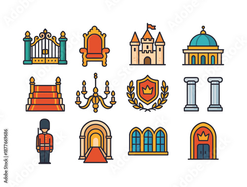 Royal Icon Set. Palace. Colorful flat vector icons set of palace: royal gates, grand throne, castle towers, palace dome, red carpet, golden chandelier, regal