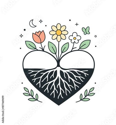 Abstract Growth Transformation. Inner growth to outer beauty. Abstract head or heart shape filled with roots below, transforming into flowers above. Gentle