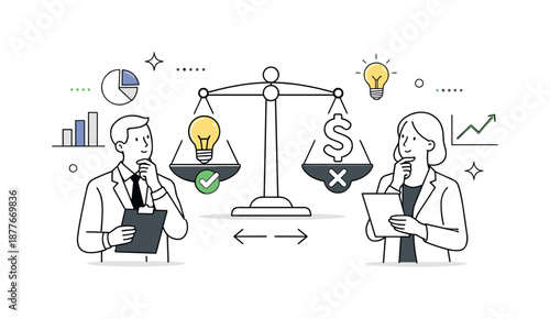 Executive Decision Making. Decision-making process. Executives comparing options with charts and balanced icons. Thoughtful evaluation and clarity shown