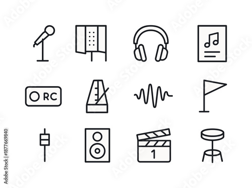 Recording Session Icons. Recording sessions. Line icon set of Recording sessions: mic stand, vocal booth, headphone set, lyric sheet, recording
