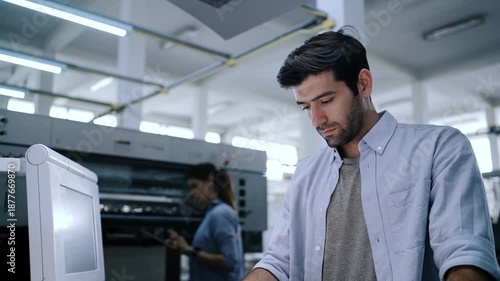 Wallpaper Mural Graphic engineers checking print quality of graphics in printing factory Torontodigital.ca