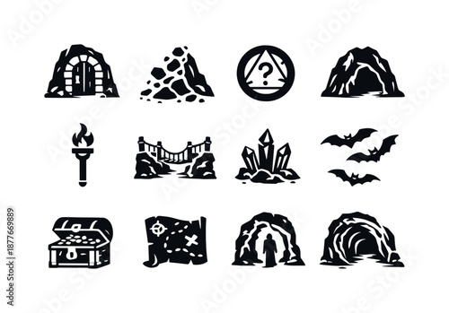 Hidden Cavern Icons. Hidden caverns. Solid icon set of Hidden caverns: secret door, rock slide, mystery symbol, cave entrance, torch, rope bridge, crystal
