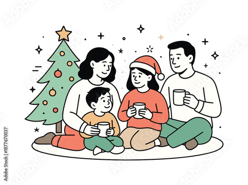 Cozy Christmas Gathering. Christmas family time. Family sitting together with hot drinks near a decorated tree. Warm connection and peaceful celebration with