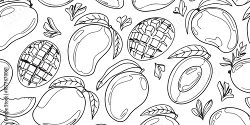 Seamless pattern of mangoes and mango slices, hand-drawn line art illustration