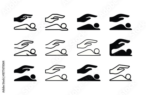 Healing Touch Logos. healing touch. Icon set. Set Logo of healing touch: hand above resting figure. harmonious logo variations of the same emblematic concept,