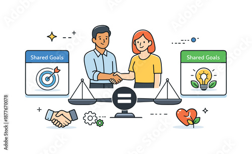 Balanced Partnership Illustration. Win-win agreement concept. Partners standing side by side with equal symbols, shared goals cards, and a balanced layout.