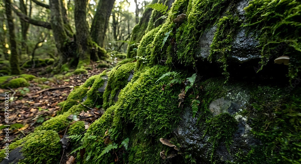 Obraz premium Vibrant green moss covering ancient tree trunk in lush forest ecosystem. Natural woodland texture for environmental and nature conservation projects.