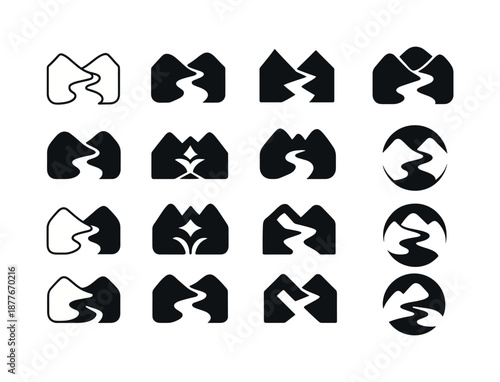 Lush Valley Logo Variations. Lush Valley. Icon set. Set Logo of Lush Valley: river through valley. harmonious logo variations of the same emblematic concept,