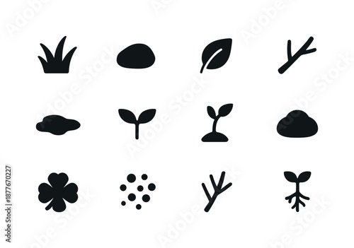 Nature Icons Grid. Nature ground elements. Solid icon set of Nature ground elements: grass tuft, small stone, leaf, twig, ground patch, sprout, seedling, moss
