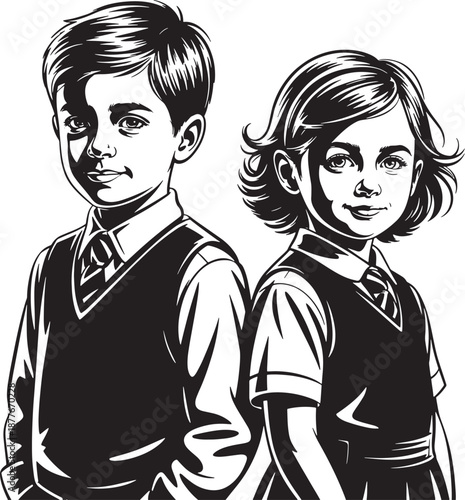 A black and white drawing of a boy and a girl in school uniforms