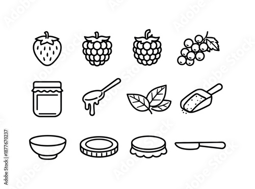 Berry Jam Icons. Berry jam. Line icon set of berry jam: strawberry, raspberry, blackberry, blueberry, currant cluster, jam jar, dripping spoon, berry leaf,