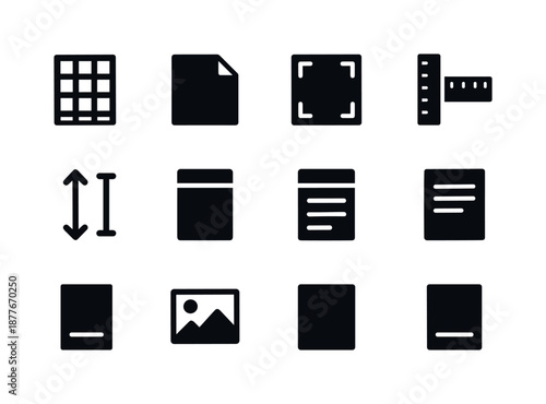 Print Layout Icons. Print layout hierarchy. Solid icon set of print layout hierarchy: page grid, master page icon, margins icon, rulers, spacing icon, header