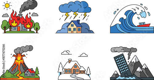 Natural disaster illustration vector set with wildfire storm tsunami volcano earthquake and extreme weather scenes