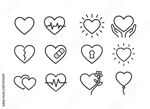 Heart Icon Set. Open heart. Line icon set of Open heart: heart outline, beating heart, heart with rays, heart in hands, broken heart mending, heart with