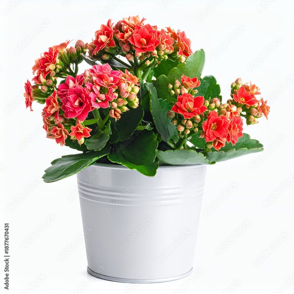 Fototapeta premium Vibrant kalanchoe blossoms in a petite metal pot, presented against a clean white backdrop