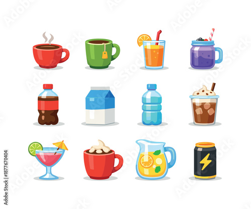 Colorful Drink Icons. Drinks. Colorful flat vector icons set of drinks: coffee cup, tea mug, juice glass, smoothie jar, soda bottle, milk carton, water bottle,