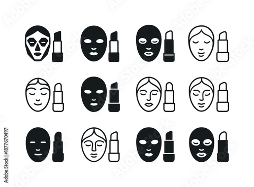 Mask and Balm Icons. Face mask and lip balm set. Icon set. Set Logo of face mask and lip balm set: lip balm stick. harmonious logo variations of the same