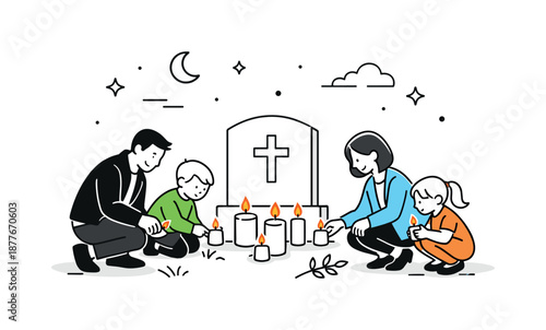 Family Memorial Vigil. Family visiting cemetery lighting candles. Family members gently lighting memorial candles at a grave. Symbolic warmth, remembrance, and