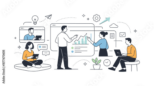 Digital Collaboration Vision. Future of work vision. Professionals collaborating across digital screens and abstract workspaces. Calm optimistic mood showing