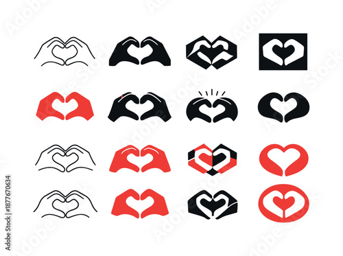 Romantic Logos Grid. Positive reinforcement in romantic relationships. Icon set. Set Logo of Positive reinforcement in romantic relationships: heart gesture.