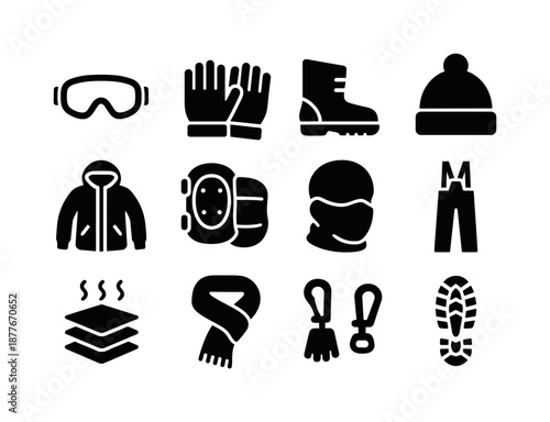 Winter Gear Icons. Snow gear. Solid icon set of snow gear: winter goggles, insulated gloves, snow boots, thermal hat, windproof jacket, protective pads, face