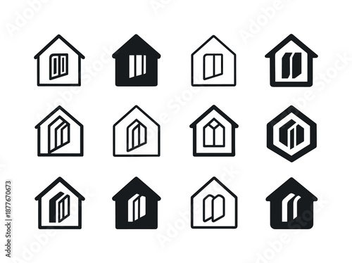 Energy Home Logos. Energy-efficient home design trends. Icon set. Set Logo of energy-efficient home design trends: triple-glazed window. harmonious logo