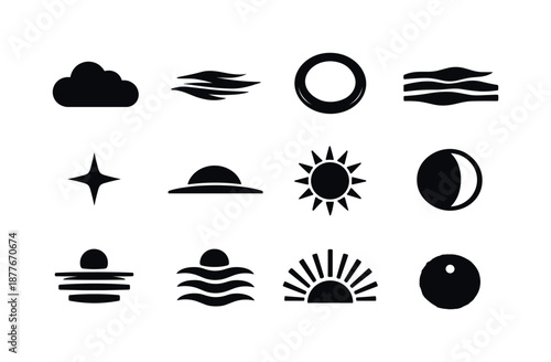 Sunrise to Sunset Icons. Sunrise and sunset. Solid icon set of atmospheric elements: soft cloud, cirrus cloud, glowing halo, mist layer, evening star, twilight