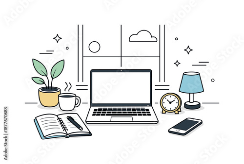 Minimalist Home Office. Home office workspace illustration. Laptop, notebook and light decor items arranged on a tidy desk near a window, expressing clarity