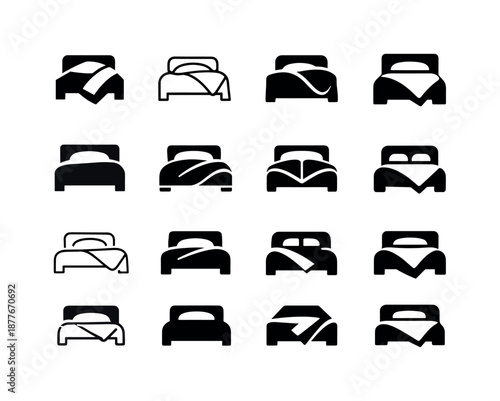 Stylized Bed Cover Icons. Cover. Icon set. Set Logo of cover: bed cover blanket. harmonious logo variations of the same emblematic concept, each with different