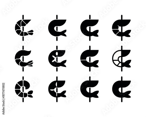 Shrimp Skewer Icons. Shrimp skewers. Icon set. Set Logo of shrimp skewers: shrimp tail shape. harmonious logo variations of the same emblematic concept, each