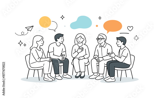 Support Group Gathering. Support group. A small circle of people sitting together and sharing thoughts in a calm, safe environment. Collective empathy and
