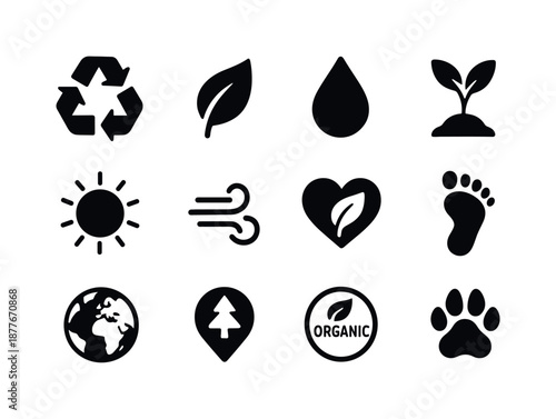 Eco Icons Grid. Eco elements. Solid icon set of Eco elements: recycling symbol, leaf icon, water conservation drop, tree sprout, solar icon, wind icon, nature