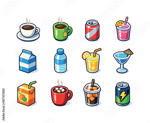 Colorful Drink Icons. drinks. Colorful isometric vector icons set of drinks: coffee cup, tea mug, soda can, smoothie glass, milk carton, water bottle, lemonade