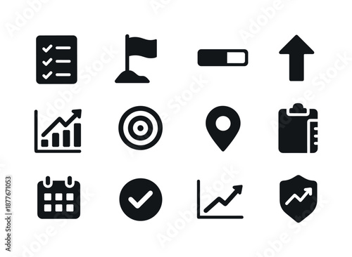 Fitness Progress Icons. Fitness assessments and body measurements. Solid icon set of progress tracking tools: checklist, goal flag, progress bar, upward arrow,