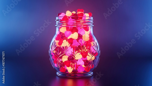 Glass jar filled with glowing heart shapes, symbolizing love and affection in a vibrant display.