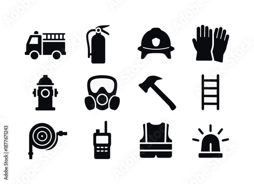 Fire Response Icons. Fire emergency response. Solid icon set of Fire emergency response: fire engine, fire extinguisher, helmet, gloves, fire