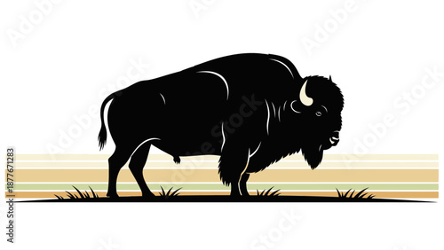 Bison Silhouette Standing on Grassy Field.